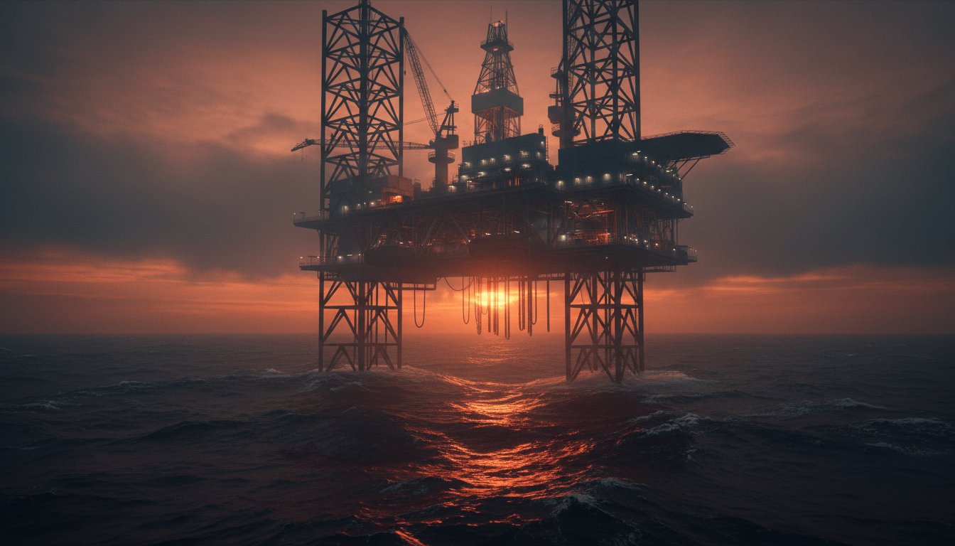 Plataforma petrolífera industrial en alta mar bajo un cielo dramático, simbolizando los retos de seguridad en la industria energética.