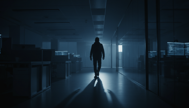 Figura humana moviendose sigilosamente en una oficina oscura representando ciberseguridad y espionaje industrial.