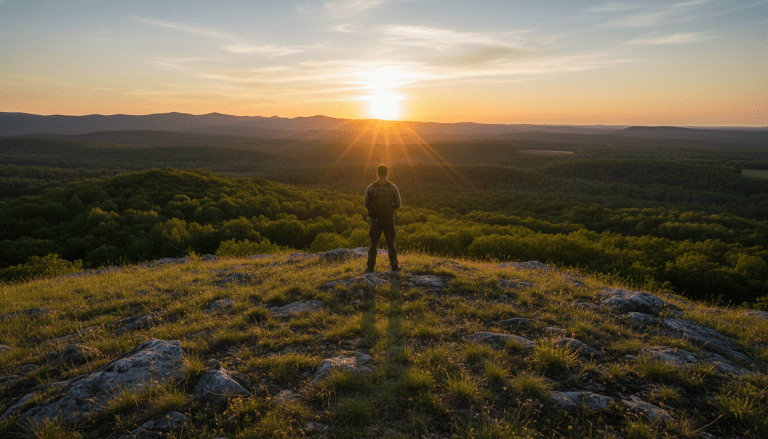 Estratega observando el horizonte y leyendo el terreno en un entorno rural al amanecer para análisis táctico.