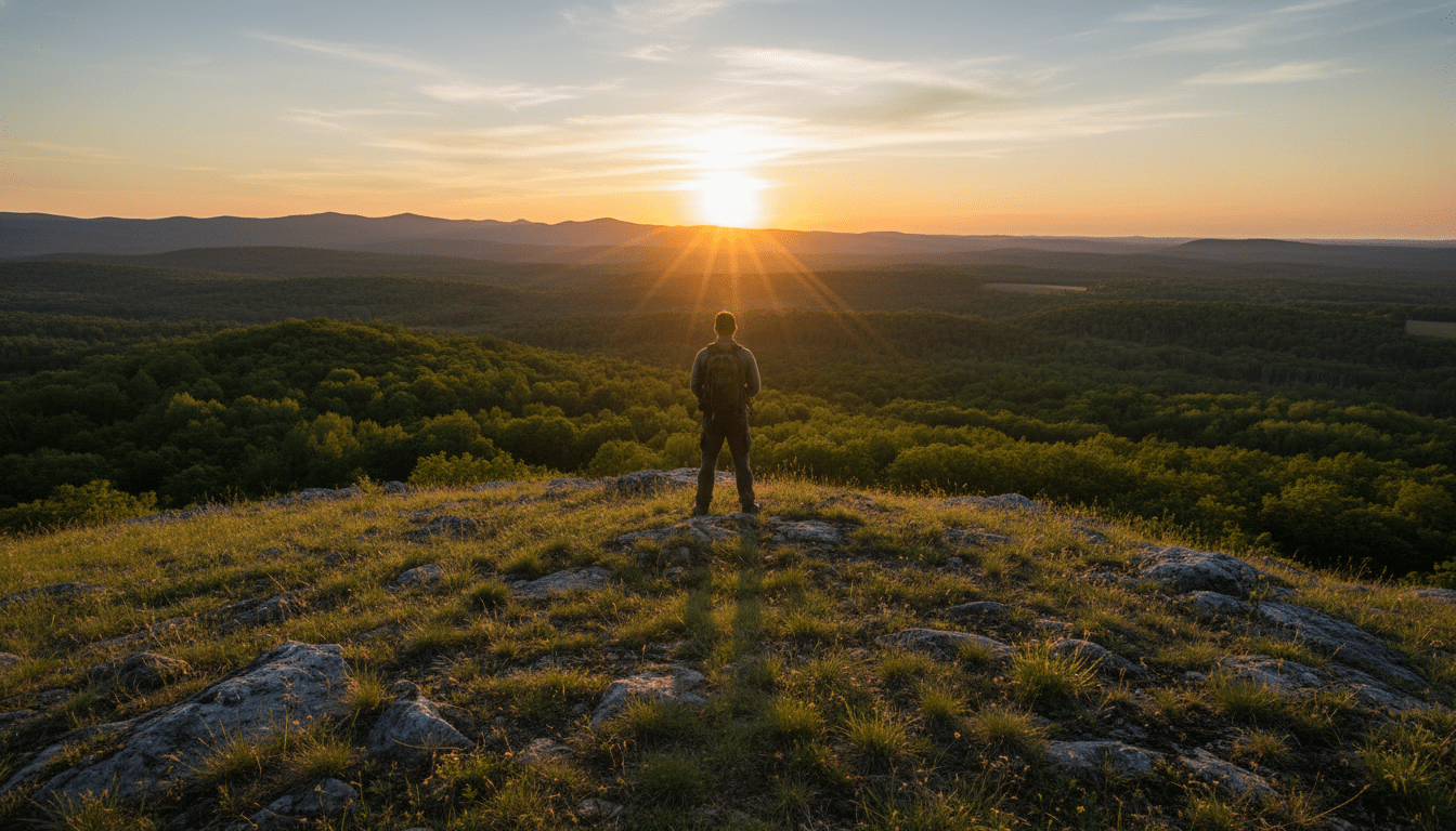 Estratega observando el horizonte y leyendo el terreno en un entorno rural al amanecer para análisis táctico.