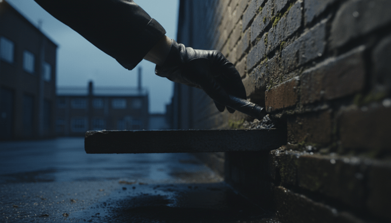 Mano anónima depositando o recuperando un objeto en un escondite secreto urbano, simbolizando un 'dead drop' o 'cache' en operaciones de inteligencia y seguridad.