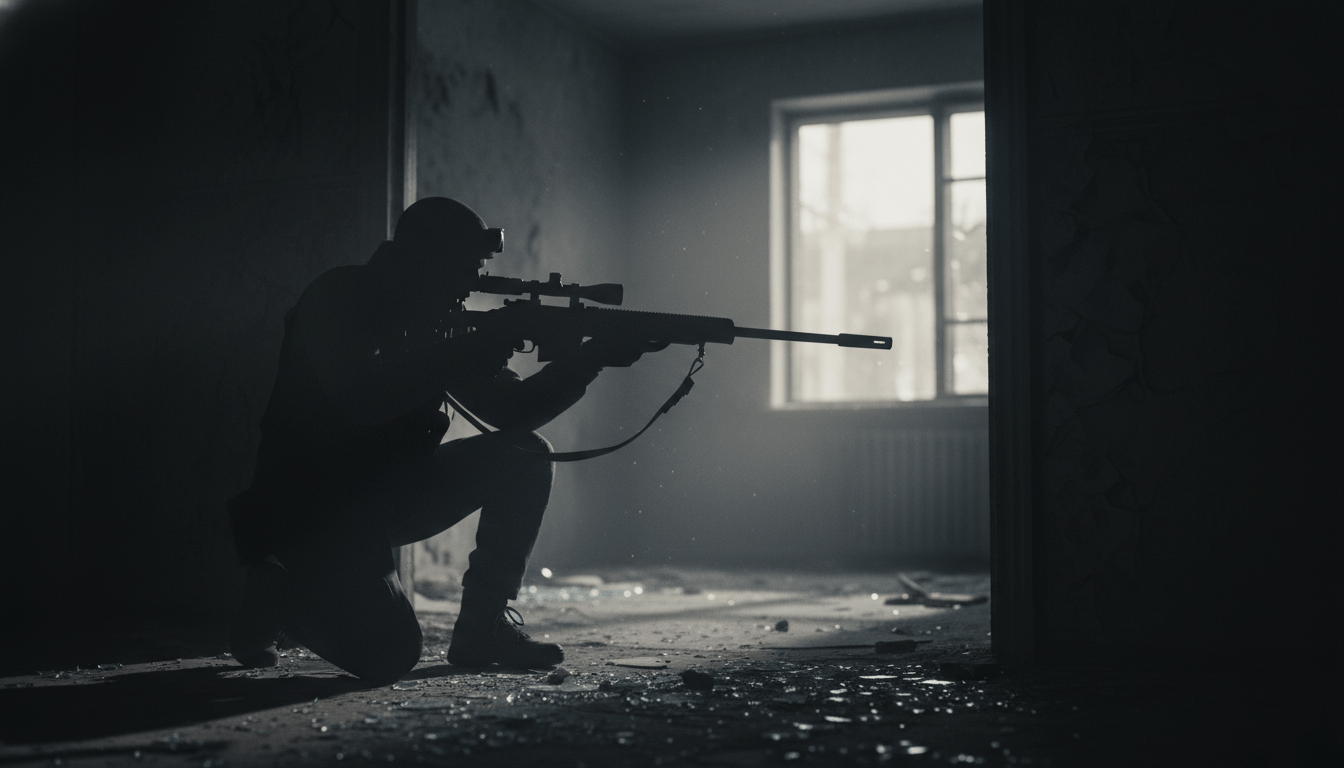Francotirador urbano posicionado estratégicamente en una habitación oscura para control táctico