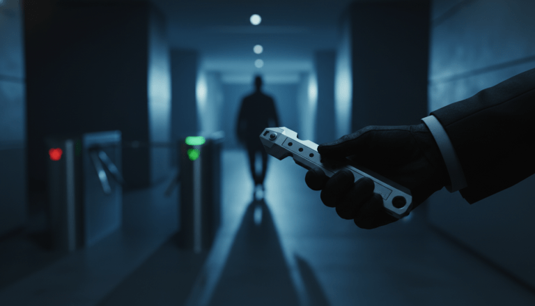 Especialista en seguridad física manipulando un torniquete en un entorno corporativo moderno durante una prueba de red teaming.
