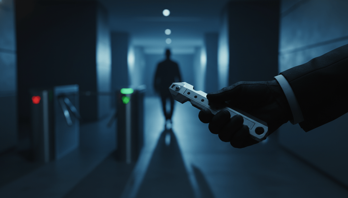 Especialista en seguridad física manipulando un torniquete en un entorno corporativo moderno durante una prueba de red teaming.