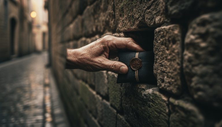 Mano envejecida ocultando un paquete secreto en un compartimento de una antigua pared de piedra, simbolizando un dead drop o escondite.