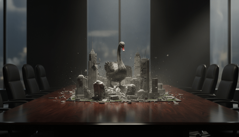 Cisne negro metálico sobre una maqueta de ciudad corporativa colapsando como símbolo de incertidumbre económica