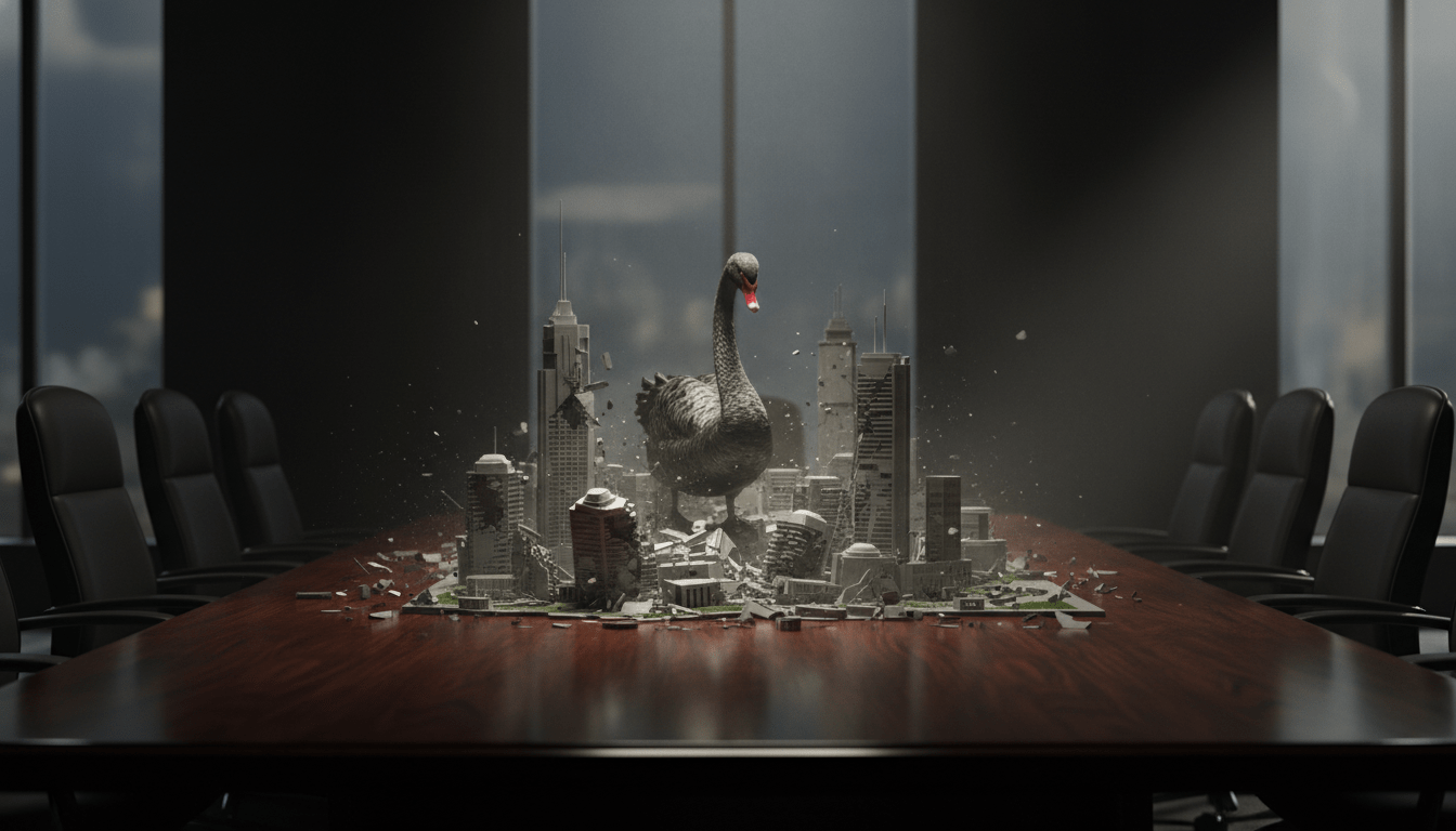 Cisne negro metálico sobre una maqueta de ciudad corporativa colapsando como símbolo de incertidumbre económica