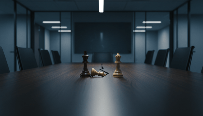 Piezas de ajedrez en mesa de oficina representando conflicto entre socios corporativos y ruptura de gobernanza.