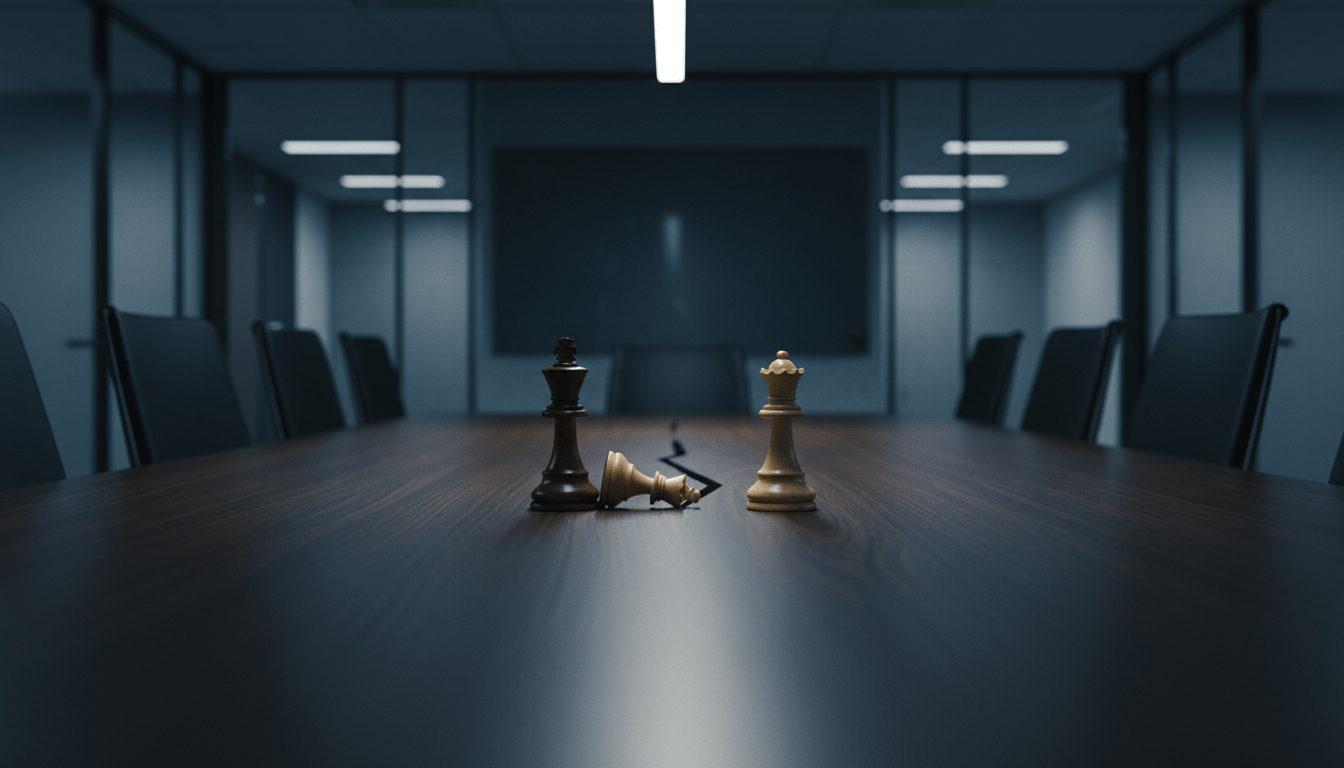 Piezas de ajedrez en mesa de oficina representando conflicto entre socios corporativos y ruptura de gobernanza.