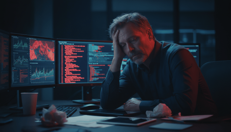 Director de seguridad corporativa agotado frente a múltiples monitores en una oficina oscura, representando el estrés laboral en ciberseguridad.