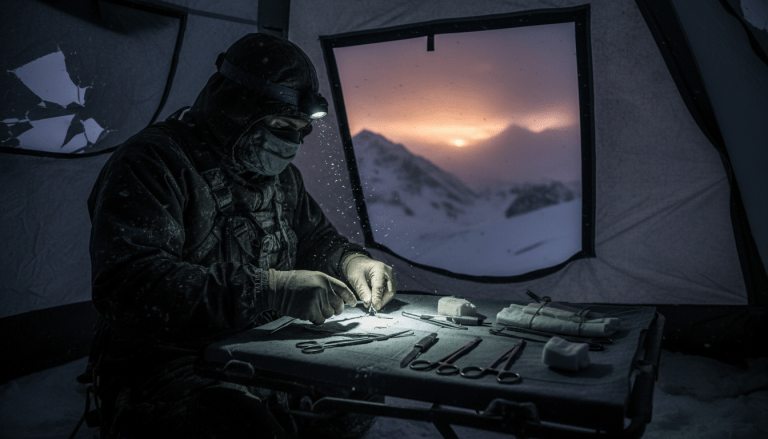 Médico realizando medicina de austeridad en un entorno remoto y montañoso con equipo limitado bajo condiciones extremas.