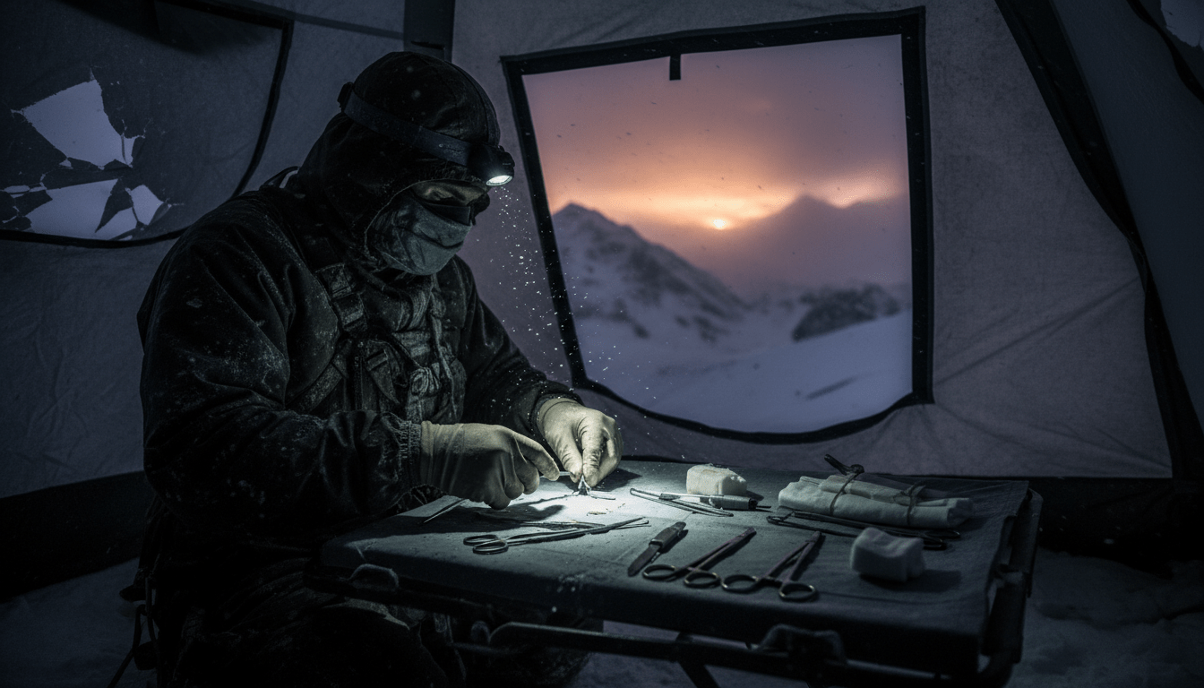 Médico realizando medicina de austeridad en un entorno remoto y montañoso con equipo limitado bajo condiciones extremas.