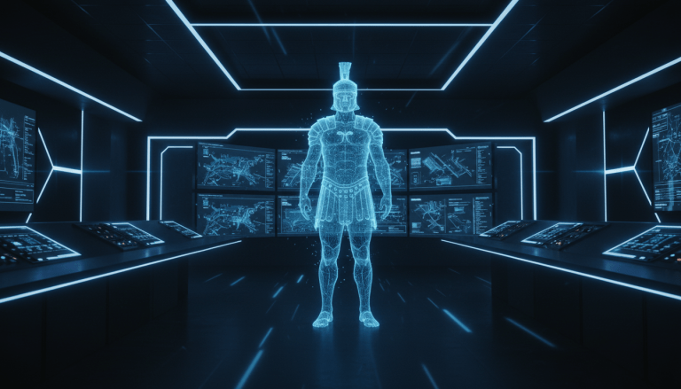 Sala de control de seguridad moderna con un holograma de un centurión romano simbolizando la estrategia militar histórica.