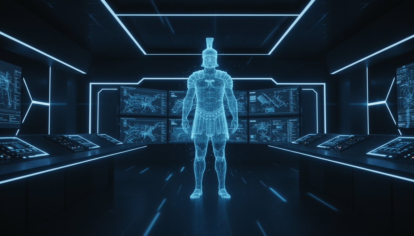 Sala de control de seguridad moderna con un holograma de un centurión romano simbolizando la estrategia militar histórica.