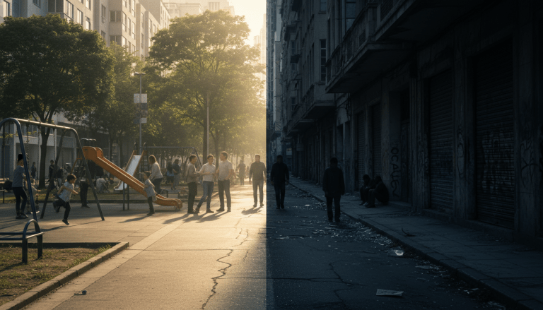 Calle urbana dividida entre un vecindario cohesionado y otro degradado representando la desorganización social.