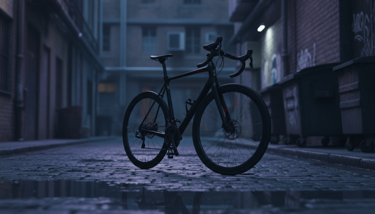 Bicicleta de alta gama abandonada en un callejón oscuro representando la teoría de la oportunidad delictiva.