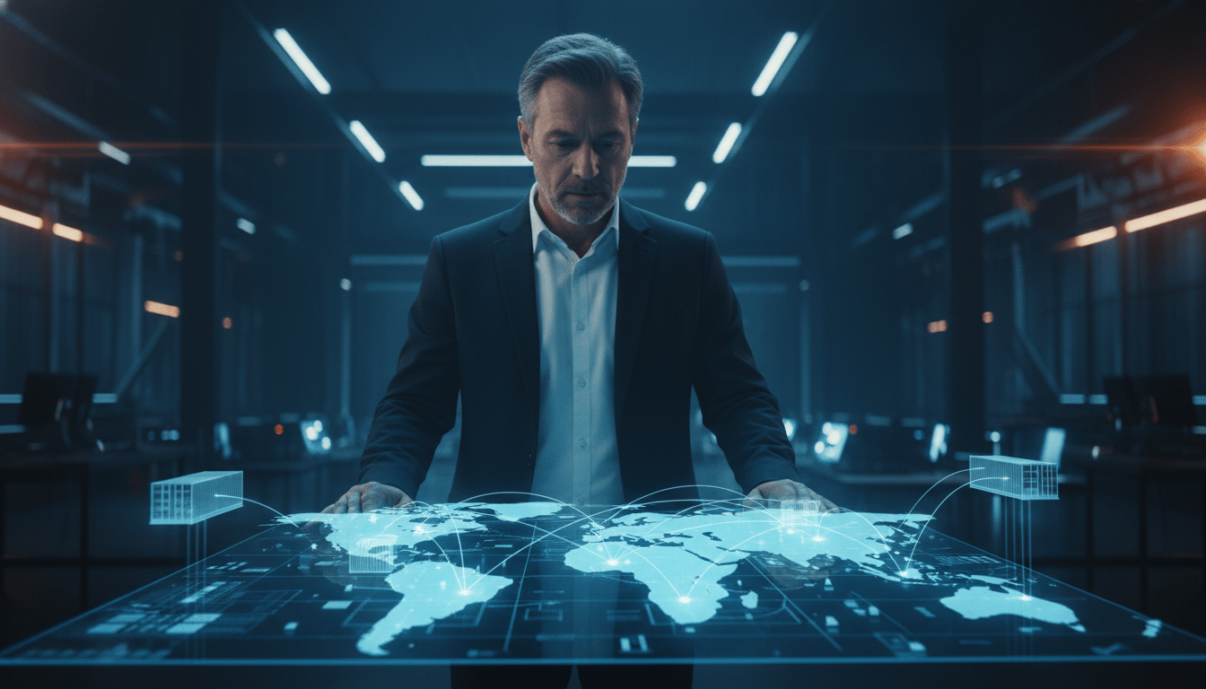 Estratega de seguridad analizando un mapa holográfico de cadenas de suministro globales en una sala de control moderna