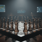 Tablero de ajedrez conceptual con figuras humanas que representan el análisis de cultura estratégica y el factor humano en la seguridad internacional.