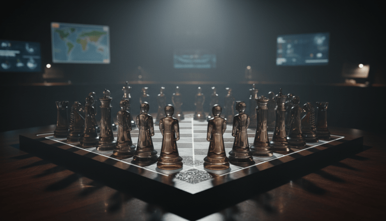 Tablero de ajedrez conceptual con figuras humanas que representan el análisis de cultura estratégica y el factor humano en la seguridad internacional.
