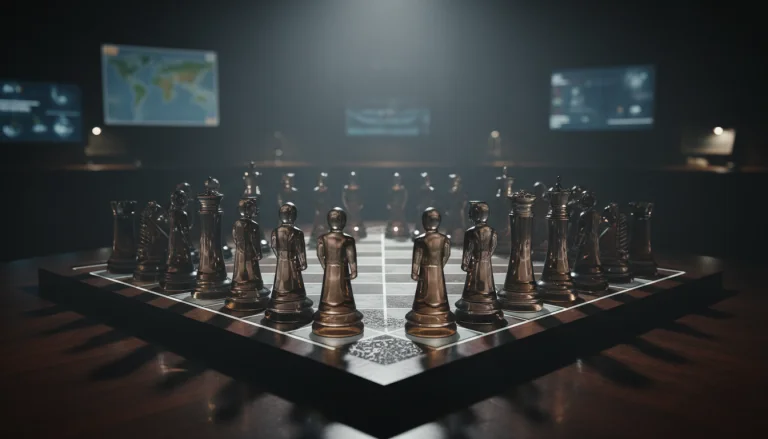 Tablero de ajedrez conceptual con figuras humanas que representan el análisis de cultura estratégica y el factor humano en la seguridad internacional.