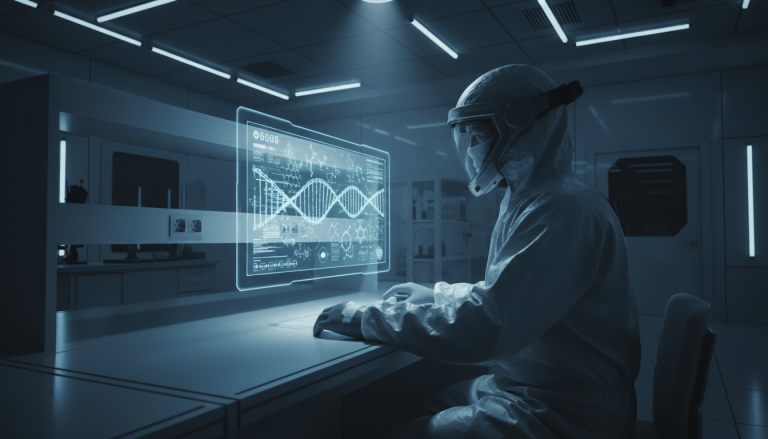 Especialista en bioseguridad analizando secuencias de ADN en un laboratorio de alta tecnología.