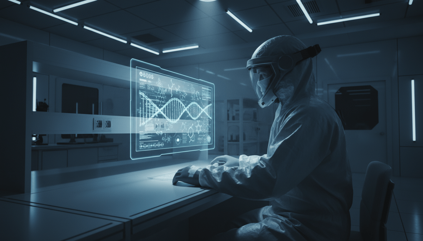 Especialista en bioseguridad analizando secuencias de ADN en un laboratorio de alta tecnología.