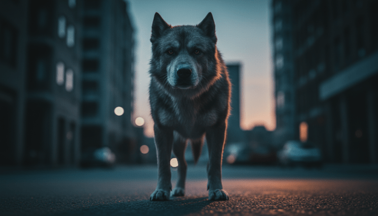 Perro de aspecto serio en entorno urbano representando el instinto atávico y la tensión en la ciudad moderna.