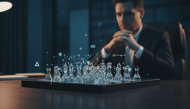 Análisis estratégico de ciberseguridad con tablero de ajedrez digital y nodos de datos holográficos