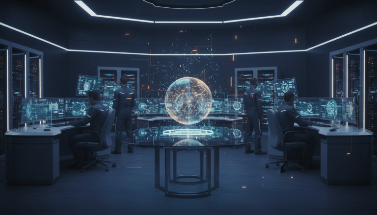 Centro de control de seguridad predictiva con tecnologia holografica avanzada y analisis de datos en tiempo real.