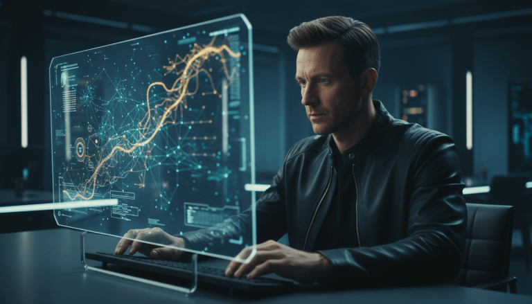 Experto en seguridad de inteligencia artificial analizando nodos de redes neuronales en un entorno corporativo de alta tecnología.