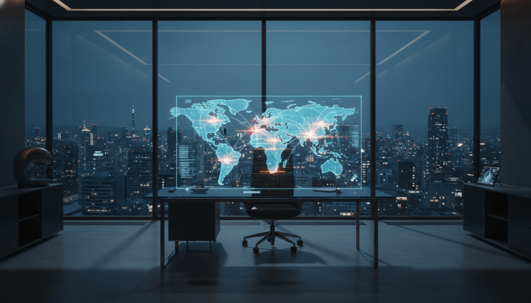 Concepto visual de ciberseguridad corporativa con mapa de red holografico en una oficina moderna durante la noche.