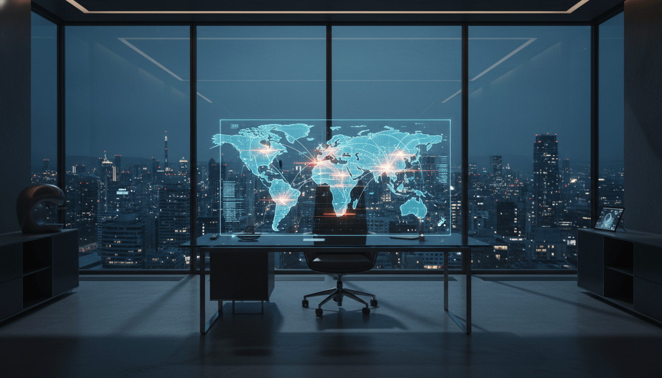 Concepto visual de ciberseguridad corporativa con mapa de red holografico en una oficina moderna durante la noche.