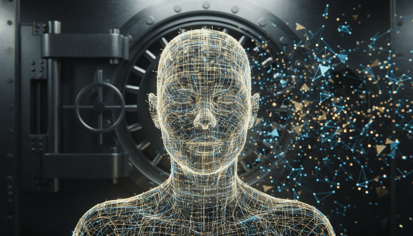 Representación abstracta de la seguridad bancaria digital y la protección de activos financieros mediante inteligencia artificial.