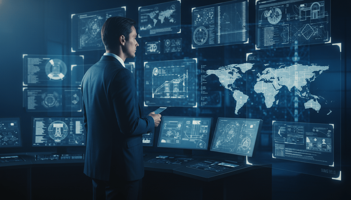 Ejecutivo corporativo analizando datos de seguridad física y digital en una moderna sala de control de alta tecnología.