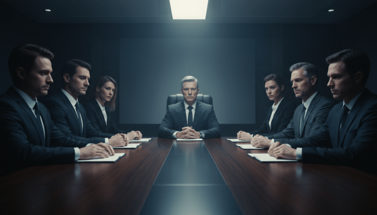 Grupo de ejecutivos en una sala de juntas tomando una decision silenciosa basada en la conformidad del grupo.