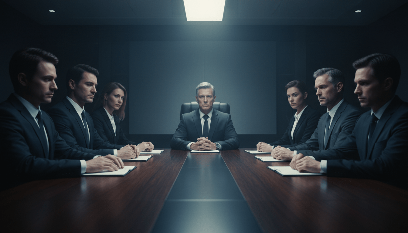 Grupo de ejecutivos en una sala de juntas tomando una decision silenciosa basada en la conformidad del grupo.
