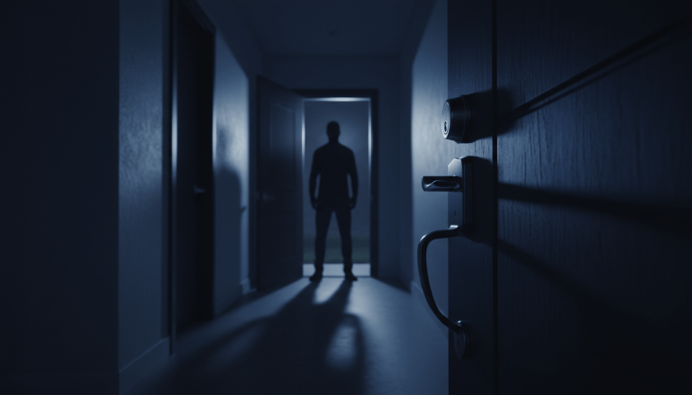 Entrada de una casa moderna bajo amenaza nocturna representando el riesgo de intrusiones residenciales.