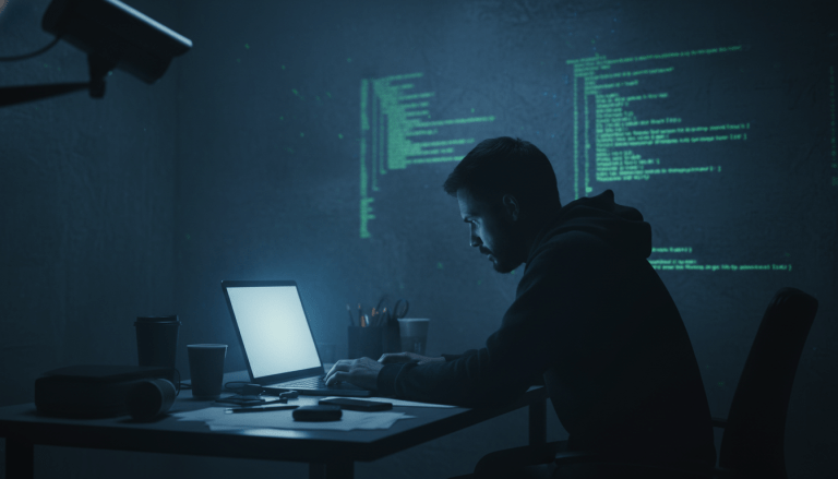Periodista de investigacion trabajando en un entorno digital de alta seguridad y vigilancia oculta