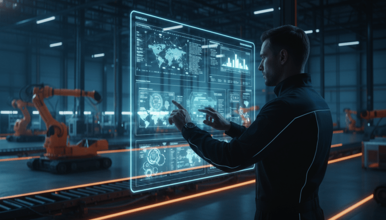 Supervisor de seguridad 4.0 analizando datos en un centro logístico tecnológico con iluminación cinemática.