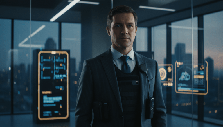 Profesional de seguridad corporativa en entorno moderno de trabajo representando el valor del talento humano
