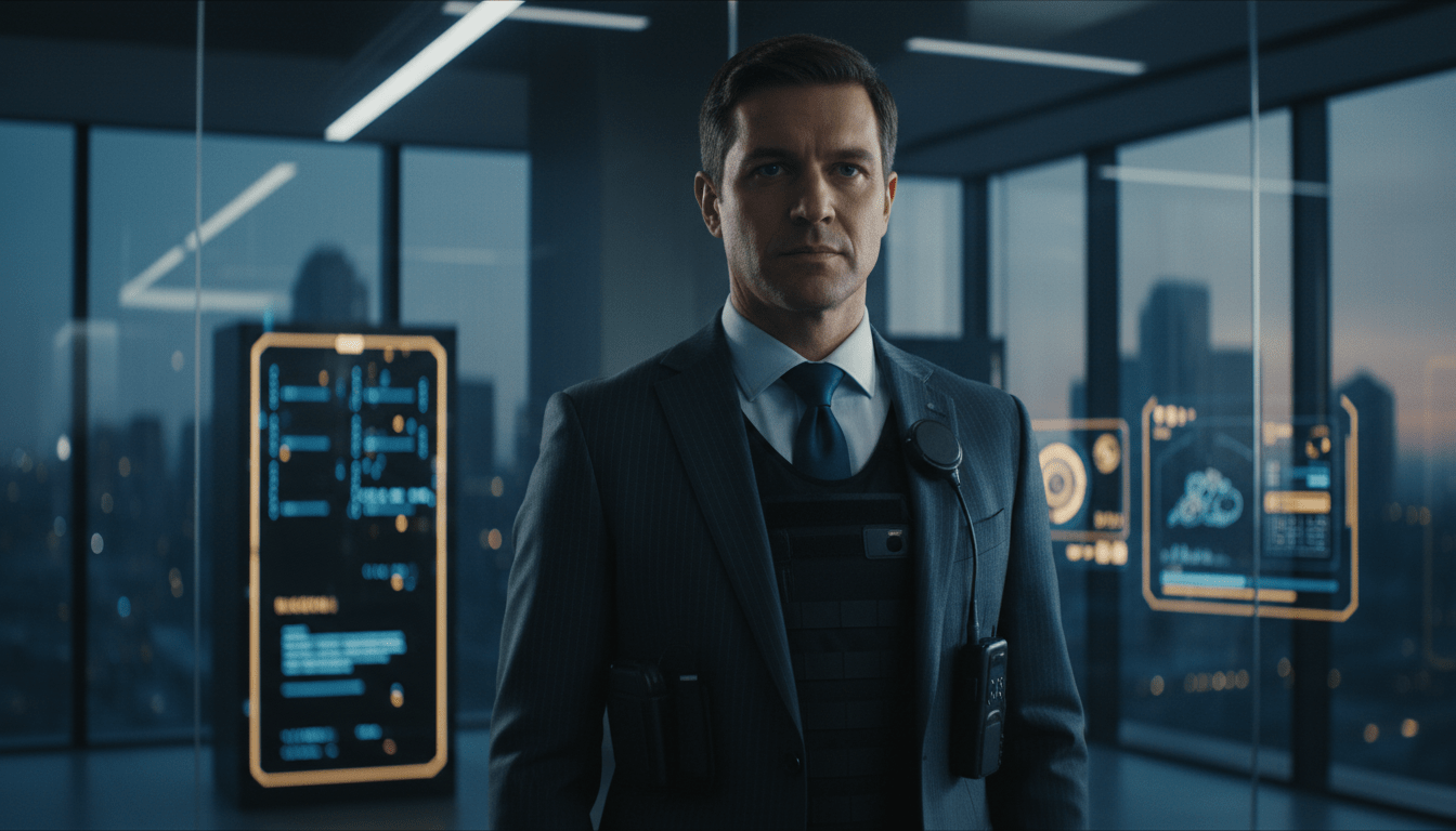 Profesional de seguridad corporativa en entorno moderno de trabajo representando el valor del talento humano