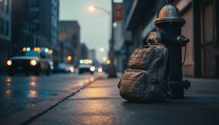 Mochila sospechosa abandonada en una calle urbana representando una amenaza de seguridad para primeros respondedores.