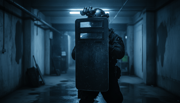 Operador táctico profesional utilizando un escudo balístico de alta protección en un entorno urbano de entrenamiento
