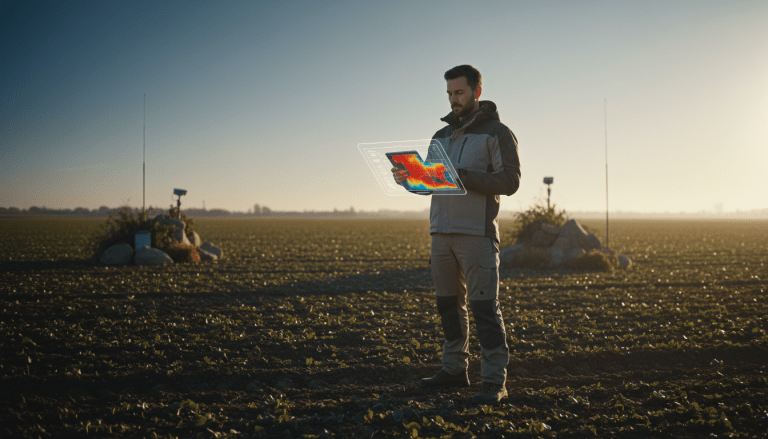 Especialista en seguridad agrícola supervisando un cultivo con tecnología de vanguardia y análisis de datos en un campo al amanecer.