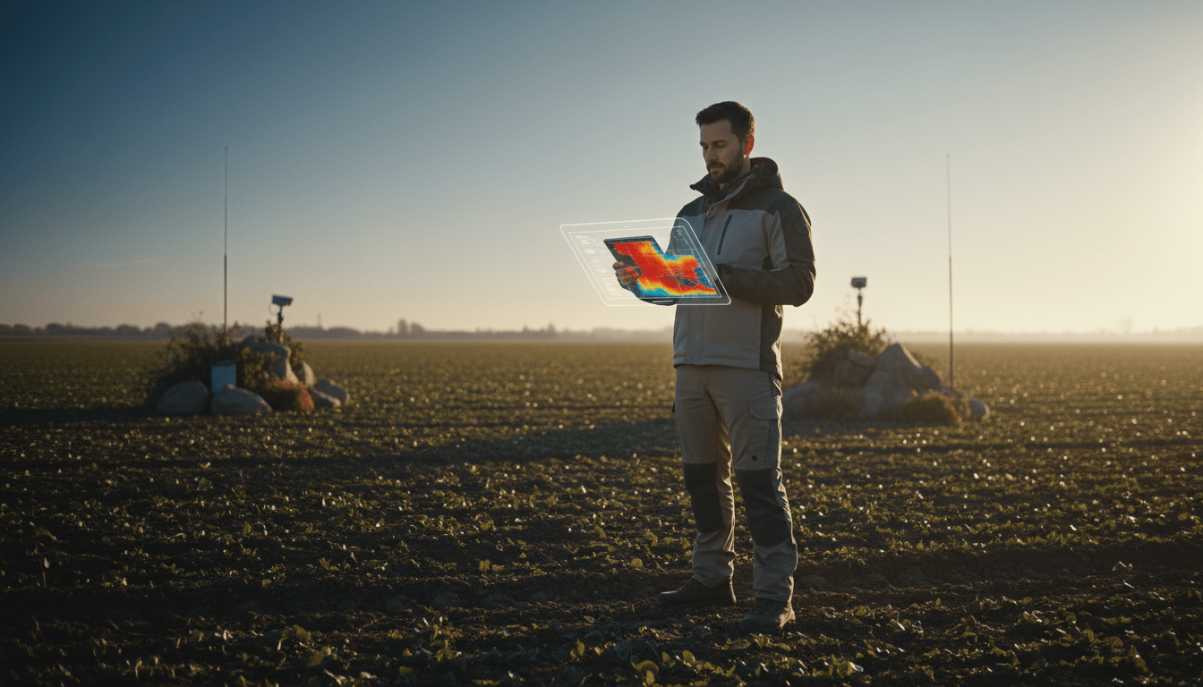 Especialista en seguridad agrícola supervisando un cultivo con tecnología de vanguardia y análisis de datos en un campo al amanecer.