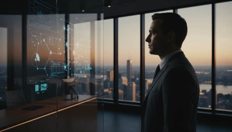 Ejecutivo de empresa de seguridad mirando por la ventana con actitud estratégica y visión de futuro en una oficina moderna.