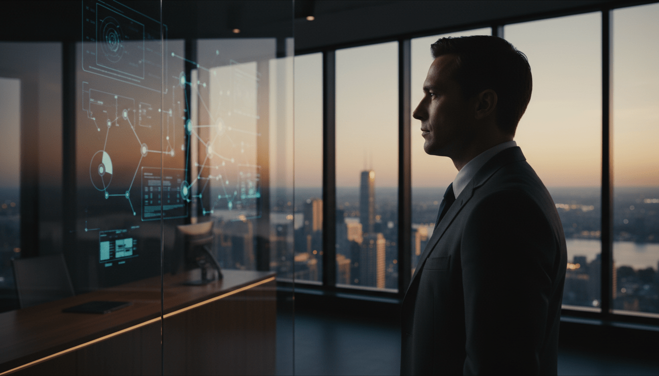 Ejecutivo de empresa de seguridad mirando por la ventana con actitud estratégica y visión de futuro en una oficina moderna.