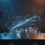Representación visual de la teoría de juegos con hologramas de redes de decisión y estrategias de comportamiento del adversario.