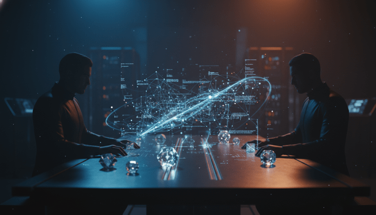 Representación visual de la teoría de juegos con hologramas de redes de decisión y estrategias de comportamiento del adversario.