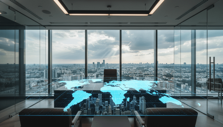 Entorno ejecutivo moderno con visualización de datos geopolíticos para gestión de riesgos en 2025.